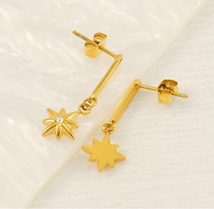 Macro detail of gold-plated starburst earrings with central cubic zirconia setting