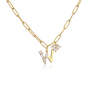 Detailed close-up of 18K gold-plated letter W necklace with zircon stones and paperclip chain