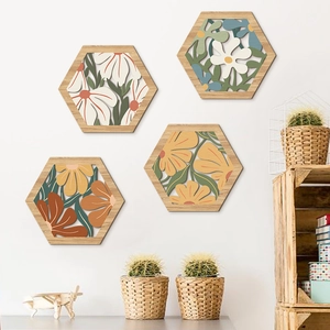 Set of four hexagonal wooden wall hangings with Morandi floral cutout art designs