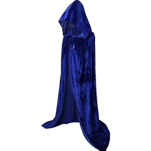 Detailed view of dark blue velvet hooded cloak with premium glossy texture and neck ties