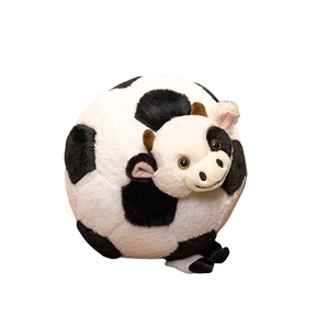 Spherical cow plush toy with black and white spots and 3D ears on a white background