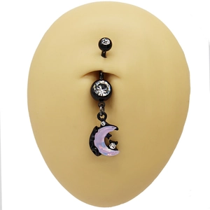 Detail of black moon belly ring with purple iridescent inlay on a silicone skin model