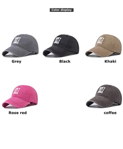 Collection of washed cotton baseball caps in five colors with 'Don't Forget To Smile' text
