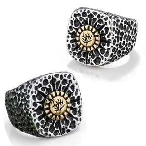 Vintage Signet Ring Stainless Steel Gold Two-Tone Flower Totem Pitted Texture Distressed Retro Punk Jewelry For Men Women