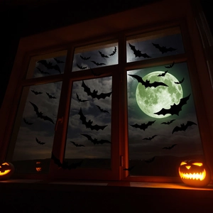3D Halloween wall stickers featuring black bats and a glowing moon for festive home decor