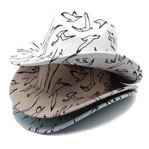 Western vintage fedora hats with seagull prints in white, tan, and blue colors