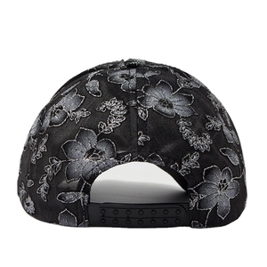Back view of a black baseball cap with floral embroidery and adjustable snapback closure
