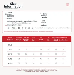 Guide des tailles avec dimensions et détails du tissu pour ce body thermique à manches