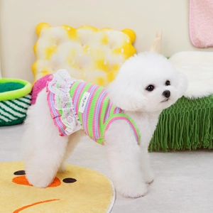 Pink striped pet dress with white lace trim for small dogs like Bichon and Corgi