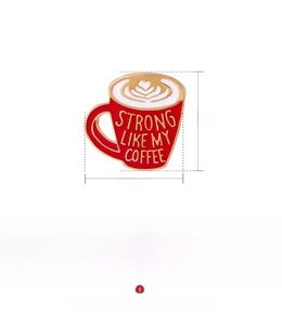 Detail view of coffee cup enamel pin measuring 3cm by 2.8cm with alloy metal texture