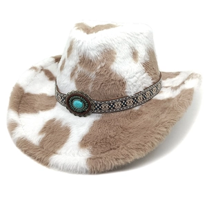 Chapeau De Cowboy Occidental Fausse Fourrure Peluche Imprimé Vache Bande Ethnique Décoration Turquoise Fedora Jazz Rétro