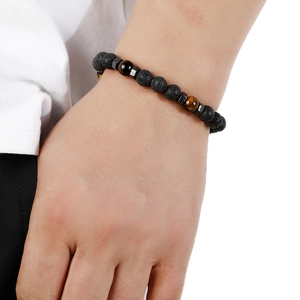8mm lava stone and tiger's eye beaded bracelet with square metallic spacers for men