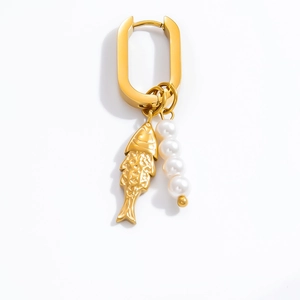 Golden stainless steel U-shaped earring with textured fish and pearl cluster pendants