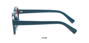 Side view of oval candy color sunglasses with thick dark green frame and pink lenses