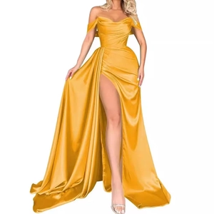 Elegant gold off-the-shoulder satin evening gown with high slit and pleated bodice details