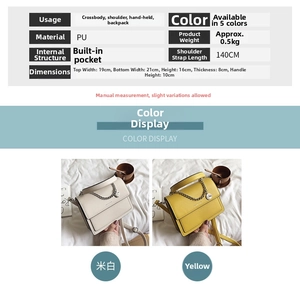 Detailed view of PU leather shoulder bag with chic chain strap and measurement chart