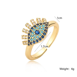 Gold plated evil eye open ring with blue and turquoise cubic zirconia inlay detail