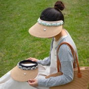 Detail of straw sun hats in beige and navy blue with floral ribbon decoration