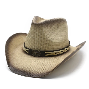 Cowboy style woven straw hat with brown gradient finish and vintage bull head metal badge