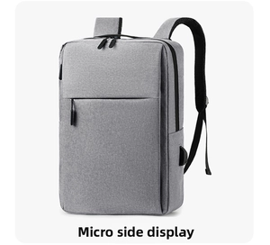 Detail view of grey business laptop backpack with side USB port and breathable straps