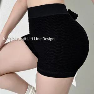 High waist honeycomb yoga shorts with butt lift and back bow knot in black