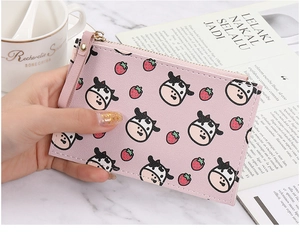 Pink cartoon cow and strawberry pattern slim card wallet with long zipper puller