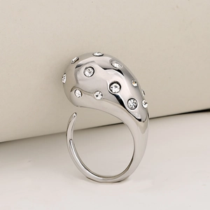 Elegant silver-toned stainless steel open ring with teardrop water drop diamond design