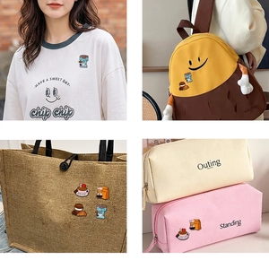 Coffee theme enamel pins set showing creative brooches on clothes and bag accessories