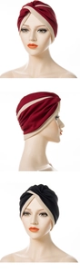 Front and side view of twisted turban hats with two-tone color block and pleat details