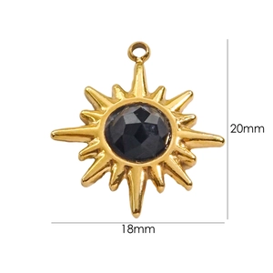 Detailed view of sunburst gold pendant with black gemstone and 18mm by 20mm dimensions