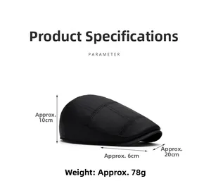 Detailed size parameters of the black flat cap showing dimensions and 78g weight