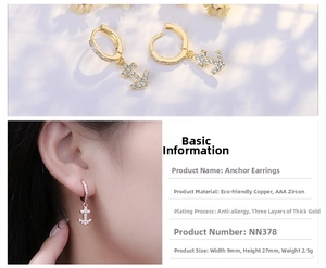Detail showing gold nautical wheel earrings with AAA zircons on an earlobe and table
