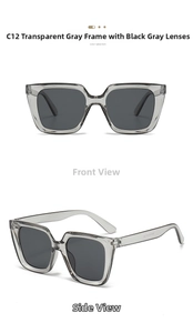 Front and side views of transparent grey square oversized sunglasses with grey lenses