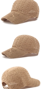 Three-angle view of a breathable hollow weave baseball cap with adjustable back strap