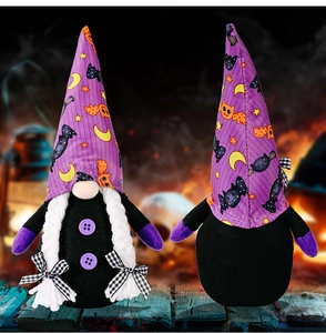 Front and back detail of Halloween faceless gnome doll with purple bat hat and braids
