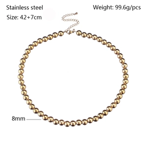 Detail of 8mm rose gold stainless steel bead necklace with size and weight metrics