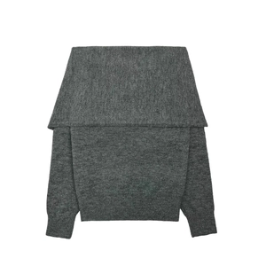 Minimalist dark grey long sleeve knit sweater with a stylish knot-off-shoulder design