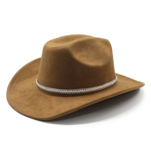 Brown faux suede western cowboy hat with a pearl and rhinestone band on white background