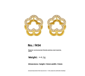 Detailed view of hollow five-petal flower earrings with white zircon in 18K gold plating