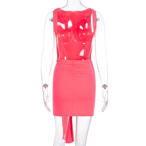 Detail of coral pink bodycon dress with backless design and draped ribbon accent