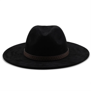 Classic black faux suede cowboy hat with brown textured leather band and wide brim