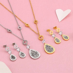 Chic leaf-shaped titanium steel jewelry set with sparkling zircon and Forever Love engraving