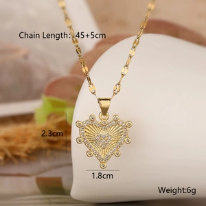 Detailed view of gold heart necklace with dimensions showing chain length and pendant size
