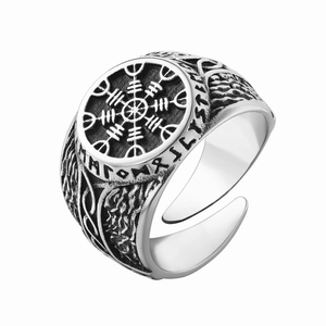 Vintage Nordic Viking Compass Rune Signet Ring Stainless Steel Antique Silver Vegvisir Compass Ring Retro Men Jewelry Gift