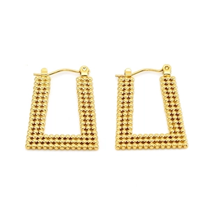 Golden trapezoid stud earrings with beaded texture and polished stainless steel finish