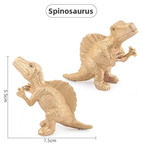 Detail of golden Spinosaurus dinosaur figures showing 7.5cm length and 5.5cm height