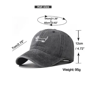 Size guide for washed cotton baseball cap featuring embroidered dachshund dog pattern