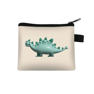 Close-up of small canvas coin purse with green 3D dinosaur print and black zipper detail