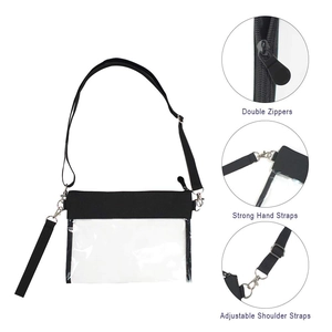 Clear PVC crossbody stadium bag with black trim, adjustable strap, and double zippers