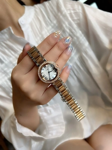 Detail of elegant two-tone steel watch featuring a rhinestone bezel and Roman numerals
